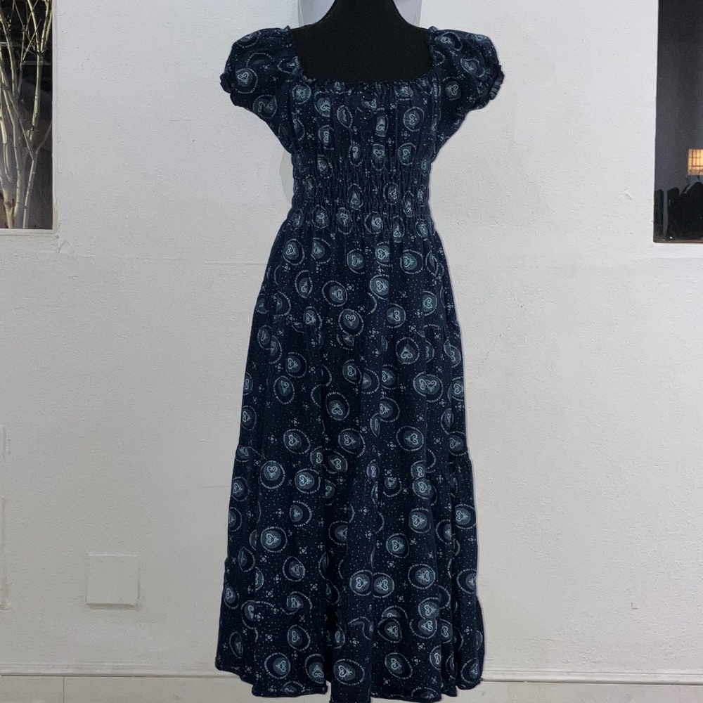 Women’s Navy Blue Midi Dress with Smocked Bodice